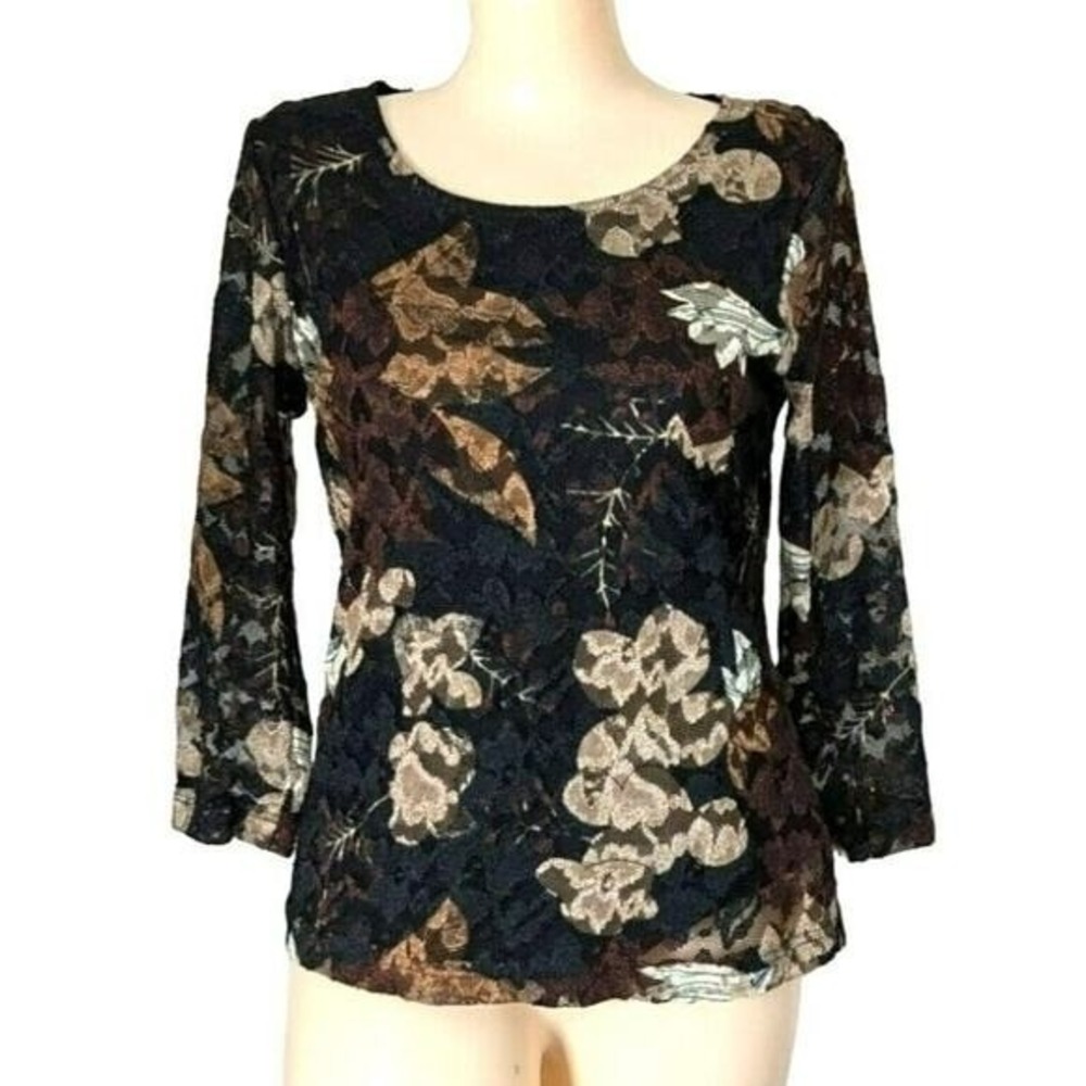 Dark Floral Lace Mesh Top Small Whimsigoth Fairy Grunge Sheer Stretch Layer Boho - Picture 2 of 9
